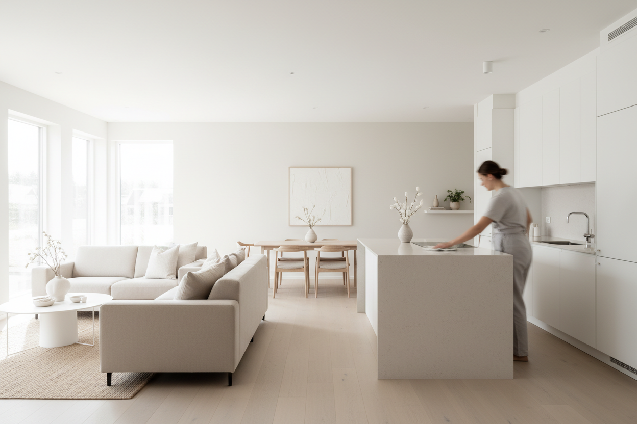 A tidy living room / kitchen

White or light beige colour palette

Soft natural lighting

Minimal objects

Looks fresh and professional

No people, OR a person cleaning with subtle action