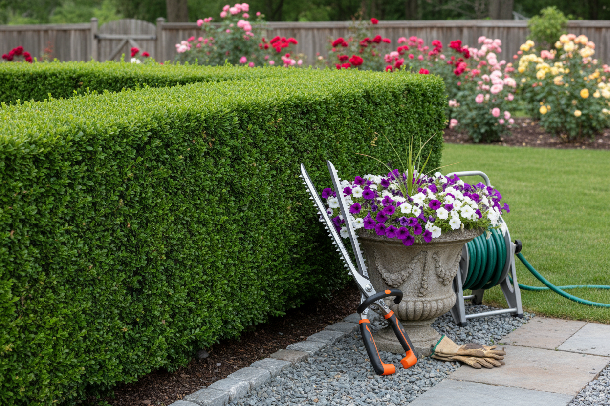 hedge trimming, no people